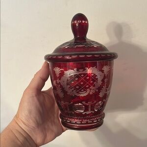 Antique Bombonniere - Ruby Cut & Etched Glass Overcast with Cover